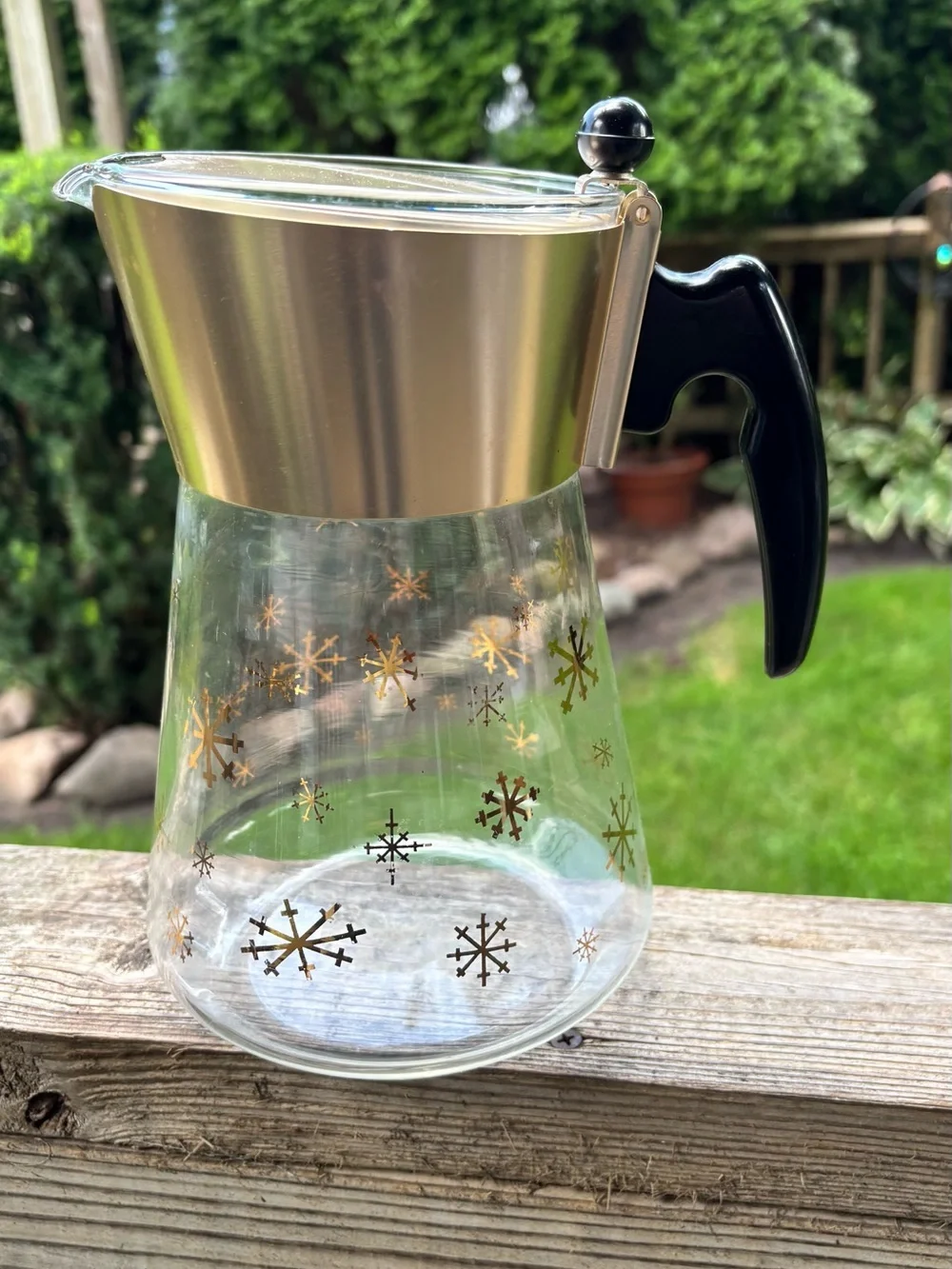 Vintage MCM Glass Pitcher Carafe Gold Atomic Snowflake Metal Lid Black Handle